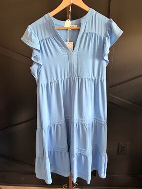 Light Blue Tiered Midi Dress with Ruffle Sleeves